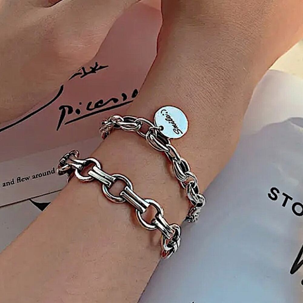 Sterling Silver Chain Link Design Minimalist Bangle Cuff Unisex Bracelet